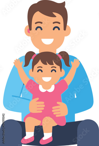 Father happily holds cheerful young daughter sitting securely upon his lap.