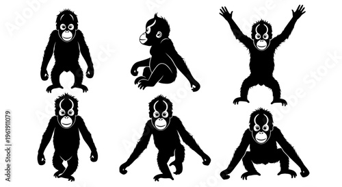 Set of Six Black Silhouettes of Orangutans in Various Poses on White Background