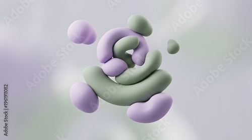A purple and green abstract 3D illustration of twisted shapes and spheres