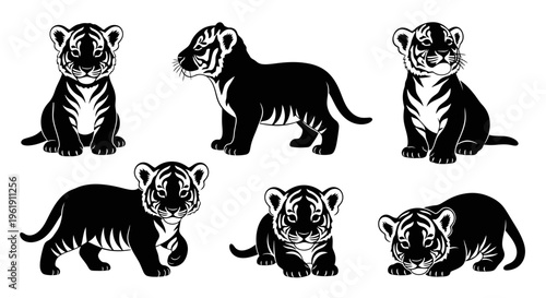 Set of six cute tiger cubs in black and white silhouette, various poses, playful and adorable