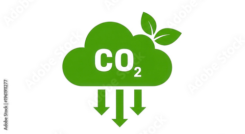 Green cloud with CO2 and decreasing emissions symbol for eco friendly and carbon footprint reduction, minimalist vector icon
