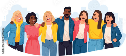 Large joyful multiethnic group linked arms and laughing together in unity.