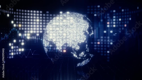 Futuristic global financial data visualization, world map and digital globe with candlestick chart, stock trading analytics, forex market dashboard, fintech infographic, big data interface