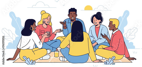 Friends gather outdoors sitting in a circle for a relaxed social.