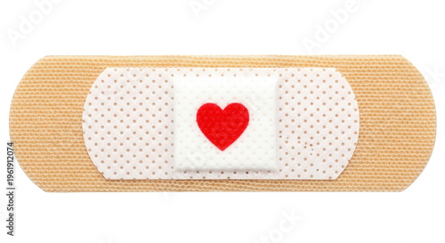 Band aid with red heart for love and care, first aid symbol