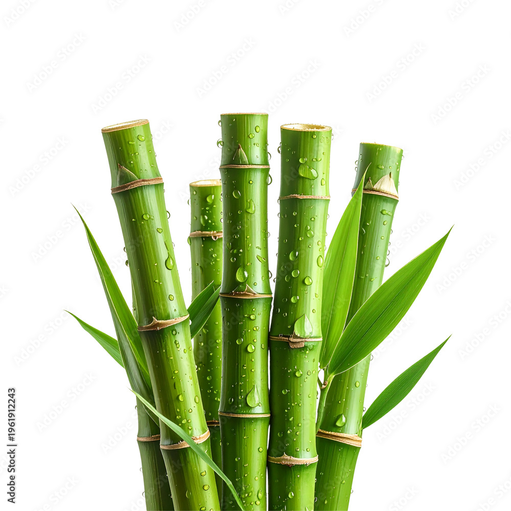 Fototapeta premium Natural green bamboo stalks with lush green leaves against a white background.