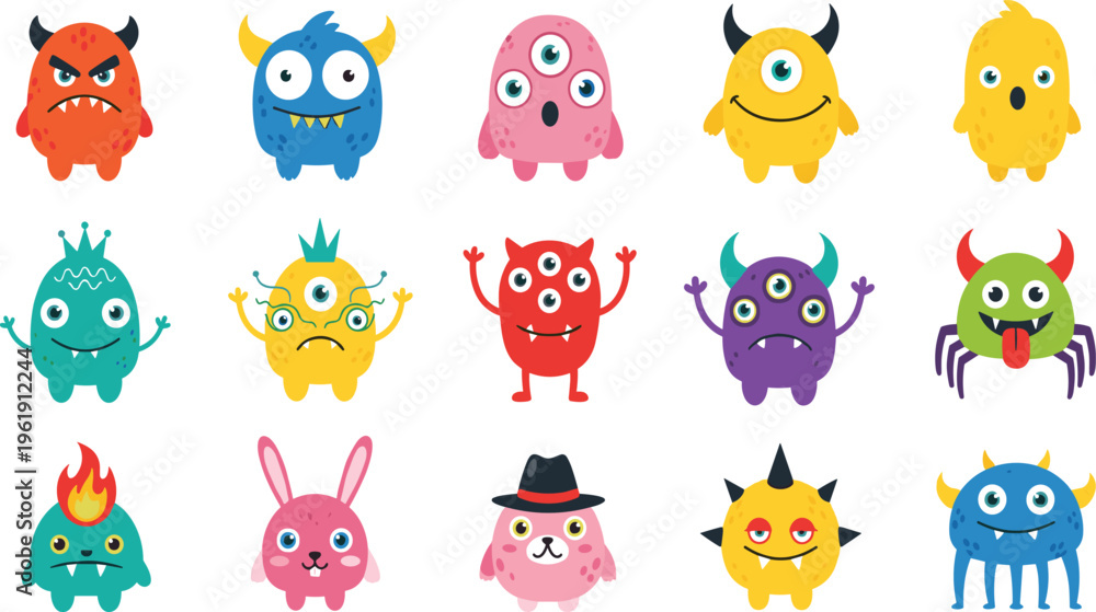 Fototapeta premium Cute Cartoon Monster Character Set with Funny Colorful Creatures and Fantasy Animals for Kids Design, Mascot Illustration, Stickers, and Playful Flat Vector Collection.