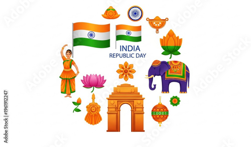 Indian Republic Day icon collection with flag Ashoka Chakra India Gate and tradition symbols