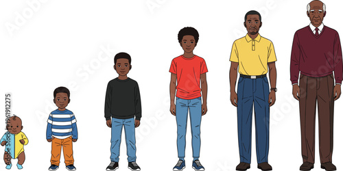 Black Male Life Cycle Stages Showing Aging Process from Infant Baby and Child to Teenager Adult and Senior Man Vector Illustration Set for Growth