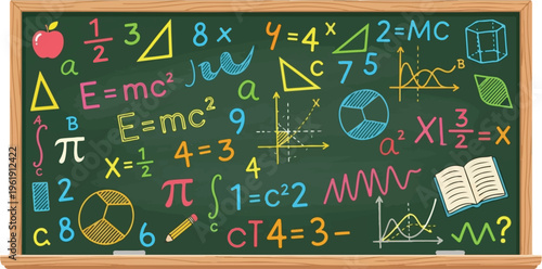 A colorful chalkboard filled with various mathematical formulas and geometric shapes for learning