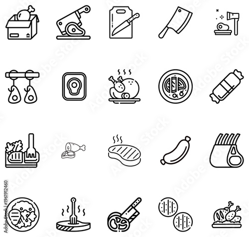 Collection of Meat and Poultry with Cooking and Preparation Tools food