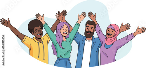 Diverse group of happy friends celebrating success with raised arms.