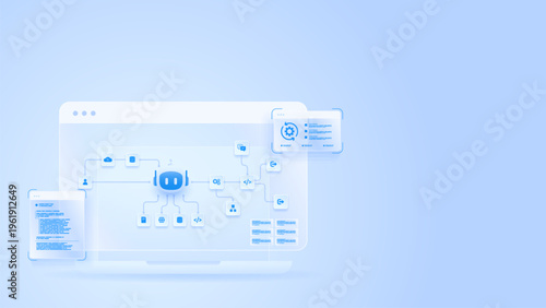 AI workflow automation artificial intelligence. ai agent network diagram machine learning node user, flow process, API integration, coding and automation system.