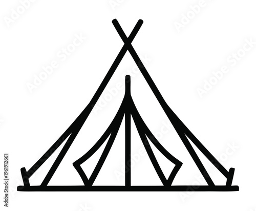 A simple black outline drawing of a traditional conical tent or teepee, suitable for camping and outdoor activities.