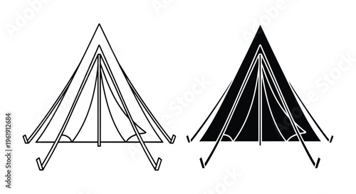 Two graphic illustrations of a traditional conical teepee tent, one in outline and one as a solid black silhouette.