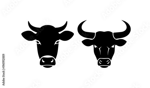 Simple black and white cow and bull head silhouettes vector isolated on white background farm animal icons