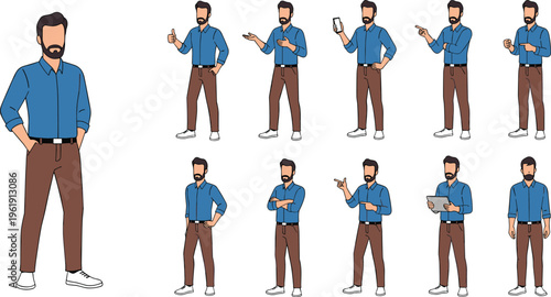 Faceless Bearded Businessman Character Set in Blue Shirt and Chinos Holding Tablet Smartphone Thumbs Up and Pointing for Minimalist Corporate Presentation Vector Illustration Pack