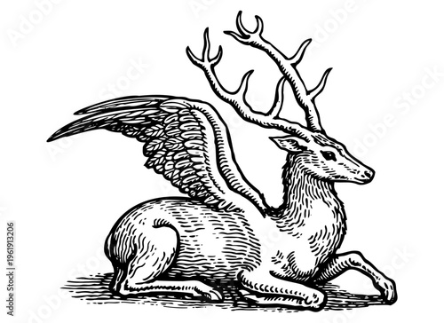Winged Deer Occult Engraving Mythical Creature Illustration