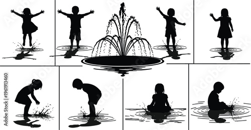 Children water silhouette collection, fountain outline figure, play motif illustration, exploration icon art, nature design graphic, joy posture symbol image