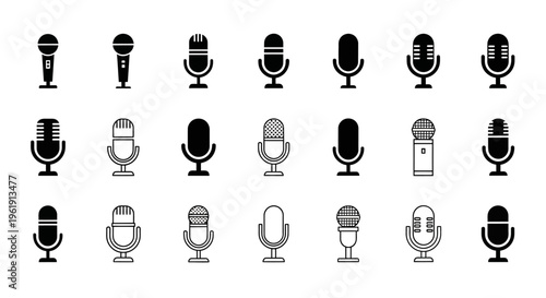 Collection of Microphone Icons: Vintage, Modern, Studio, Podcast, Singing, Recording