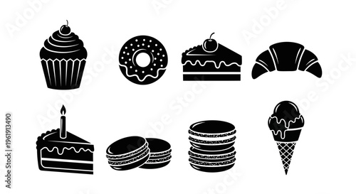 Sweet Desserts Icons Set: Cupcake, Donut, Cake Slice, Croissant, Macarons, Ice Cream Cone