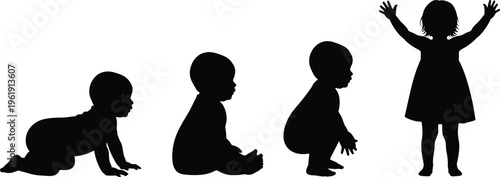 Child development silhouette collection, growth outline figure, childhood motif illustration, milestone icon art, toddler design graphic, progression posture symbol image