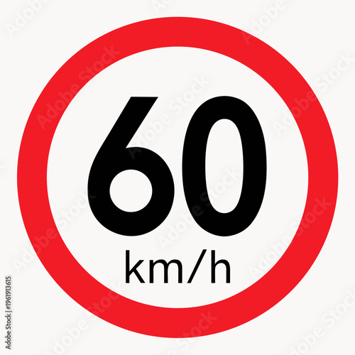A circular traffic sign with a red border and white background, displaying “60 km/h” in black letters. It indicates a maximum speed limit of 60 kilometers per hour for vehicles on that road.