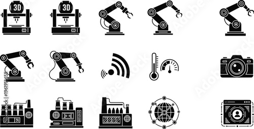 Industrial automation and technology icons set with robotic arms, 3D printers, factory machines, sensors, and smart manufacturing systems for engineering and Industry 4.0 concepts