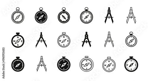 Set of Compass and Drawing Tools Icons: Navigation, Measurement, and Design Elements