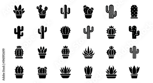 Collection of Diverse Cactus Icons and Silhouettes in Black and White