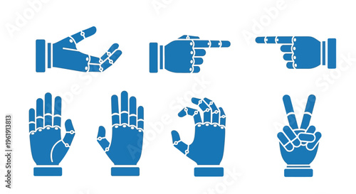 Robotic hands displaying various human gestures in a blue illustration