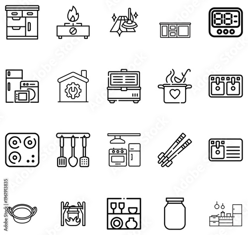 Collection of kitchen appliances and utensils line white background cooking food