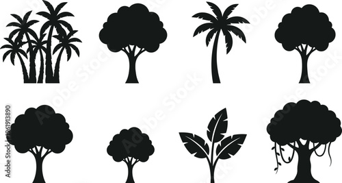Tree and plant silhouette set, diverse species icons including palm, banana, banyan, deciduous, and broadleaf forms - flat vector illustration