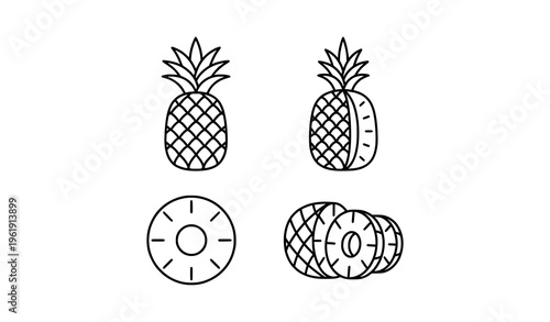 Modern pineapple fruit sketch set with whole half-peeled and sliced tropical doodle line art black and white vector