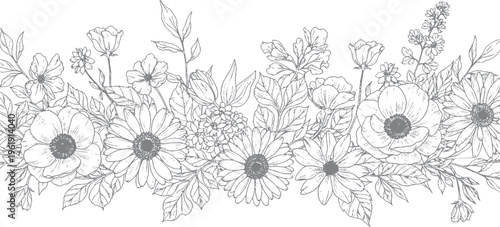 Monochromatic grey sketch of a floral border with daisy-like flowers and greenery, vintage botanical line art, hand drawn