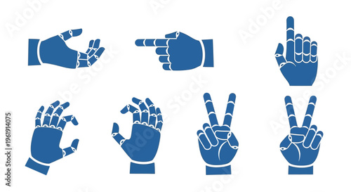 Collection of blue hand gestures depicting various signs and symbols