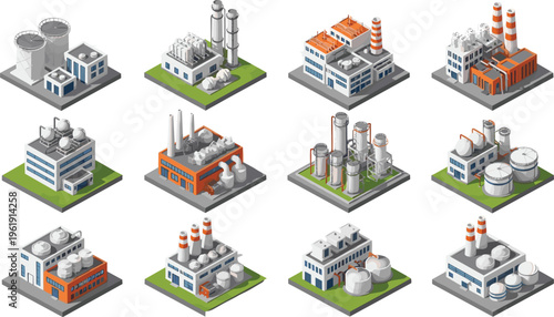 Isometric industrial factory buildings collection with power plants, oil refineries, manufacturing facilities, storage tanks, and energy production infrastructure for engineering and industry concepts
