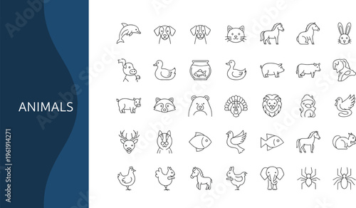 Animals outline icon set featuring pets farm wildlife birds fish insects nature education editable minimal vector collection