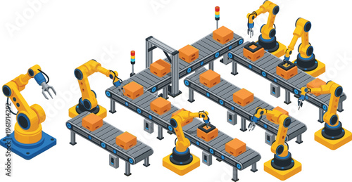 Isometric robotic assembly line with industrial robot arms, conveyor belts, automated packaging, smart factory production system, and manufacturing technology for Industry 4.0 concepts