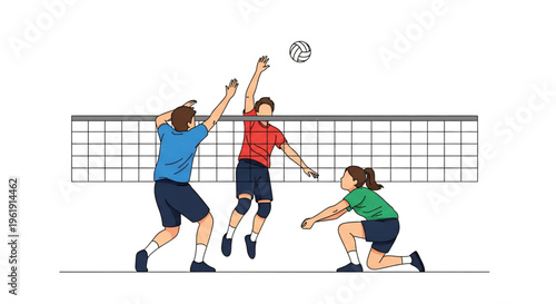 Volleyball players jumping and hitting the ball over the net.
