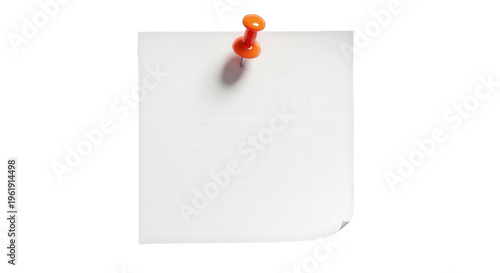 Blank white sticky note with orange push pin for office and reminder, isolated on white background