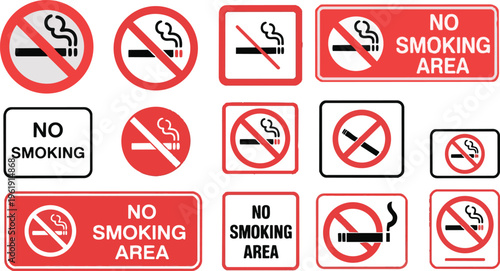 No smoking sign collection. Prohibition signs with cigarette, electronic cigarette and smoke symbols and text. Smoking forbidden notices for public places. Tobacco restriction signs for indoor areas.