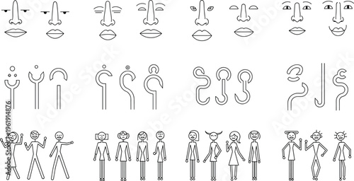 Abstract line art faces, noses, ears and stick figures set, minimal human anatomy and characters collection for modern design, icons and creative vector illustration