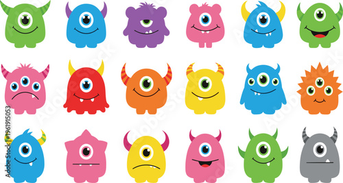 Cute One Eyed Monster Cartoon Character Set with Colorful Funny Cyclops Creatures for Kids Design, Mascot Illustration, and Playful Vector Collection.