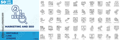 Marketing And SEO Line Editable Icons set