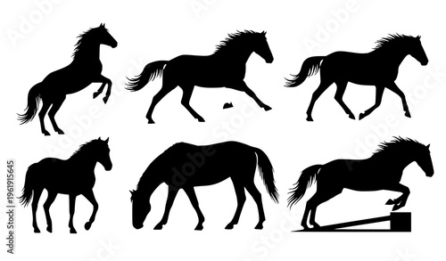 Obraz na płótnie Collection of six black horse silhouettes in various poses and actions