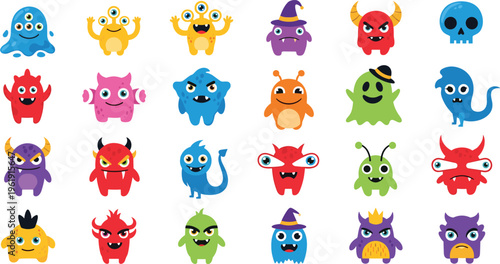 Colorful Cartoon Monster Collection with Funny Fantasy Creatures Cute Mascots for Kids Games Stickers Halloween Characters and Playful Vector Illustration Design.