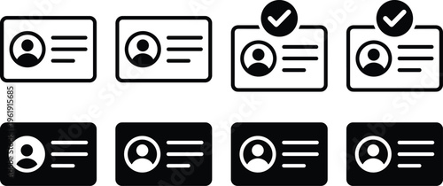 User ID card icons set, profile identification badges with verification check marks, personal identity and account authentication vector illustration