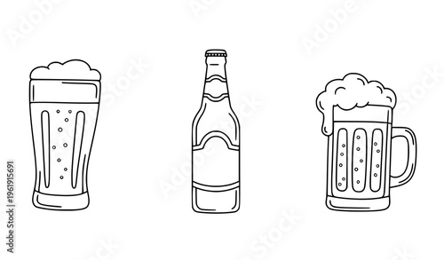 A set of three beer glasses and bottle line drawings
