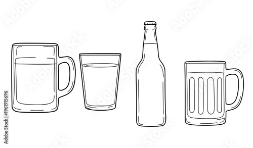 Line drawing of beer and ale glassware and bottle